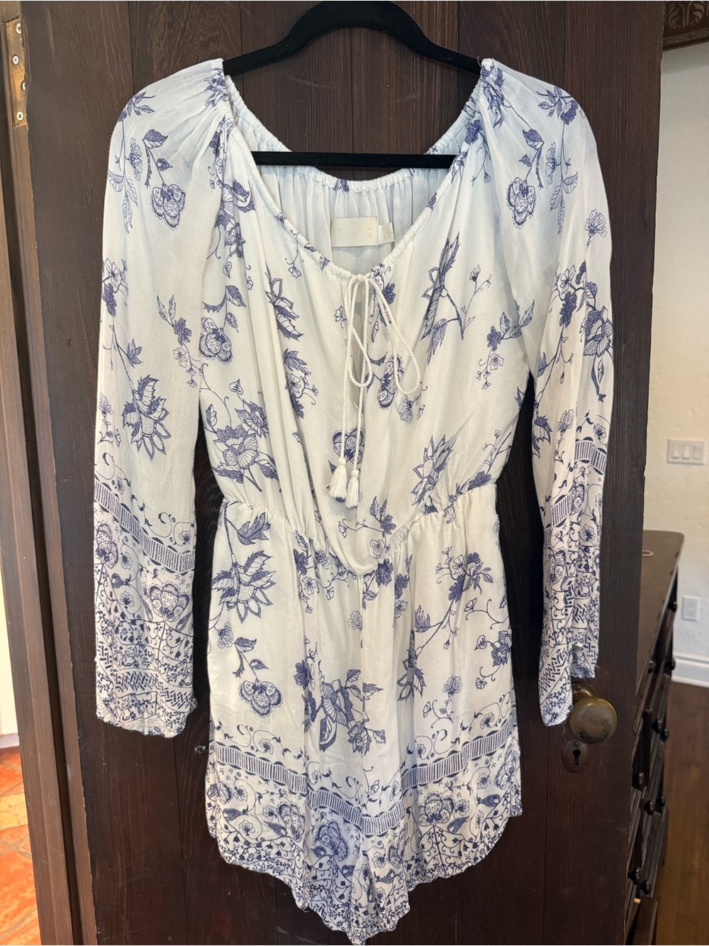 White & Blue Floral Tie-Neck Romper